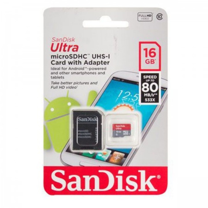 Карта памяти MicroSD 16GB SanDisk Ultra microSDHCSD C10 SDSQUNS-016G-GN3MA