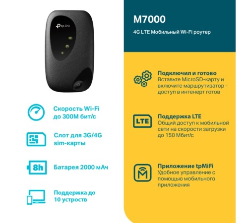 Маршрутизатор 3G/4G Мобильный TP-Link M7000, Слот для SIM-карты, 1 порт micro USB для зарядки